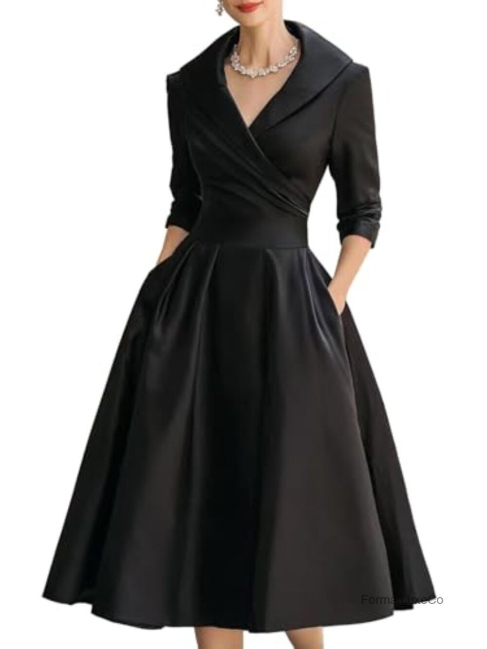 Satin Wrap A-line Midi Dress with 3/4 Sleeve Semi Formal